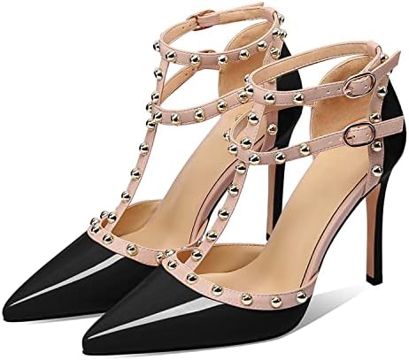XINIUNIU Stiletto High Heels for Women Studded Heels with Studs Pumps 4 Inch Heeled Sandals Sexy Pointed Toe Ankle-strap Patent Leather Dress Wedding Shoes