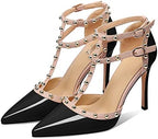 XINIUNIU Stiletto High Heels for Women Studded Heels with Studs Pumps 4 Inch Heeled Sandals Sexy Pointed Toe Ankle-strap Patent Leather Dress Wedding Shoes