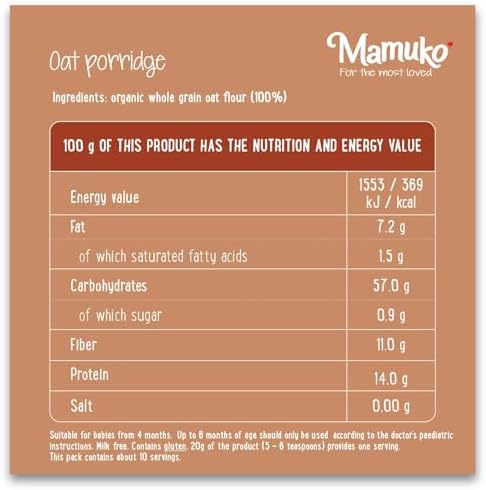 MAMUKO Baby Porridge - Healthy porridge with Oat Flavored & High Fiber - GMO-Free Oatmeal for Infants 3-6 Months - Organic Oatmeal for Healthy Growth & Development - 200g & 10 Servings