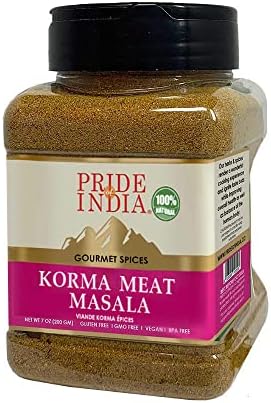 Pride of India Korma Meat Masala – 7 oz | Seasoning Spice Blend for Fresh Chicken, Mutton, Chop Meat, Lamb Curry, Biryani, Kebab & Marinades | Korma Masala in a Reusable Medium Jar
