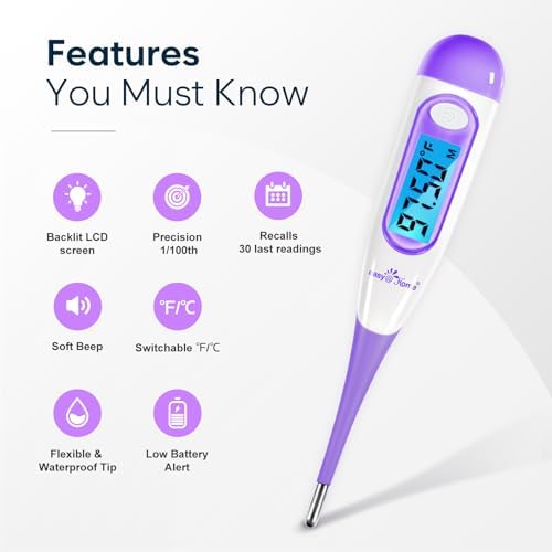 Easy@Home Digital Basal Thermometer with Large Backlight LCD Display, 1/100th Degree High Precision and Memory Recall, NOT Bluetooth Enabled,Upgraded EBT-100B-P (Purple)