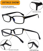 Kerecsen 4 Pack Reading Glasses for Men and Women with Spring Hinges, Lightweight Black Rectangular Readers Eyeglasses (4 Pack Black, 2.25)