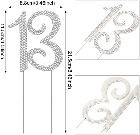Honbay 13 Birthday Cake Topper Sparkly Bling Alloy Crystal Rhinestones Cake Topper Cake Decoration for 13th Birthday or Anniversary Party (Silver)