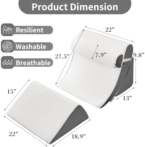 4PCS Orthopedic Bed Wedge Pillow Set for Post Surgery & Pain Relief, Adjustable Wedge Pillow for Back,Acid Reflux,Sitting up in Bed,Recovery,Snoring,Body Pillow for Sleeping (White/Dark Grey)