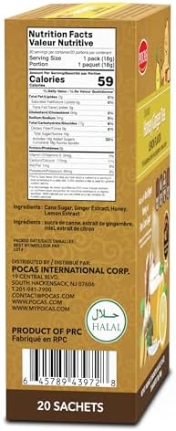 Pocas Honey Ginger Tea - Instant Tea Powder Packets with Lemon & Ginger Honey Crystals, 20 Count (Pack of 2)