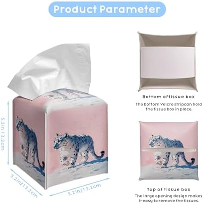 Snow Leopard Art 5.2-Inch Square PU Leather Tissue Box Cover – Hand-Stitched, Removable Liner, Bathroom, Bedroom, Living Room, Office, Gift for Snow Leopard & Animal Lovers