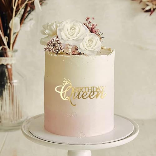 Mirror Acrylic Birthday Queen Cake Topper - Gold Happy Queen Cake Decoration for Women Girls Birthday Cake Decor Party Supplies