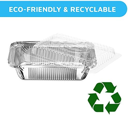 MontoPack Disposable Takeout Pans with Clear Lids | 2lb Capacity Aluminum Foil Food Drip Container with Strong Seal for Freshness & Spill Resistance | Earth, Eco-Friendly & Recyclable 100Pack 8x5.5”