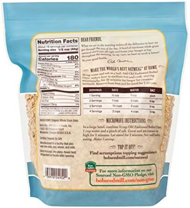 Bob's Red Mill Organic Old Fashioned Rolled Oats, 32oz (Pack of 4) - Non GMO, Whole Grain, Vegan, Kosher