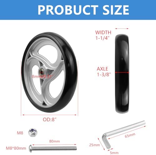 Semetall 8" Walker Wheels, 2PCS Anti-Slip Rubber Replacement Wheels for Rollators, Wheelchairs & Strollers