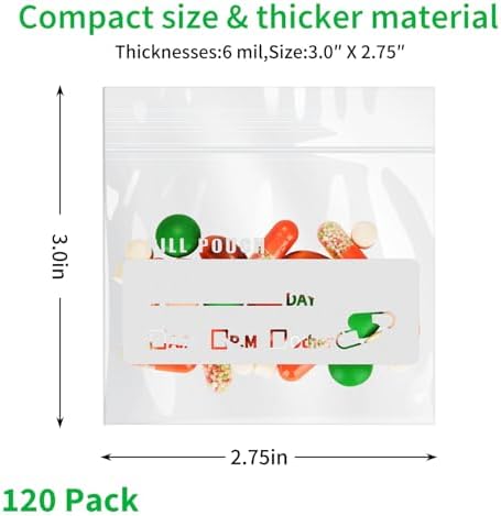Urekt Pill Pouch Bags for Travel (120 Pack), 6 Mil BPA Free Reusable Pill Bags 3 x 2.75 inch for Medicine with Write on Label Clear Ziplock Seal Waterproof AM PM Pill Baggies for Medicine Organizer