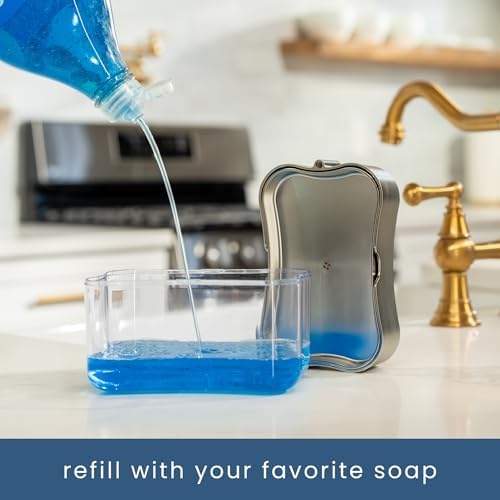 S&T INC. Dish Soap Dispenser and Sponge Holder for Kitchen Sink, Sponge Included, 13 Ounces, Metallic Silver
