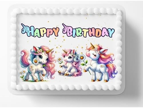 Cute Unicorn Design Birthday Themed Edible Image Cake Topper, Frosting Sheet Decoration Sticker Decal 10" by 8"