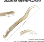 2 in 1 Lash Tweezer with Comb, Eyelash Extension, Stainless Steel Elbow Tweezers, Precise Eyebrow Tweezers Tool, Lashes Tweezer Applicator for DIY Applying False Eyelashes Clusters, Gold