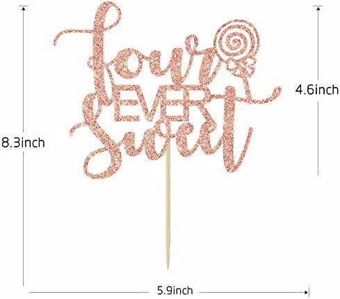Four Ever Sweet Cake Topper - Happy 4th Birthday, 4th Anniversary, Cheers to 4 Years, Donut Fourth Birthday Party Decorations (Rose Gold Glitter)