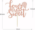 Four Ever Sweet Cake Topper - Happy 4th Birthday, 4th Anniversary, Cheers to 4 Years, Donut Fourth Birthday Party Decorations (Rose Gold Glitter)