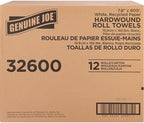 Genuine Joe Embossed Hardwound Roll Towels, 2" Core, 1-Ply, 7.8" x 600', White, 12 Count