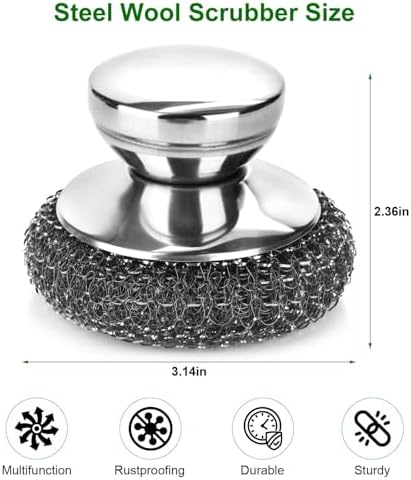 4PCS Steel Wool Scrubber Pads, Stainless Steel Scrubber Set with 3Pcs Steel Wool Pads, Steel Scrubber for Dishes, Ideal for Cleaning Cast Iron, Pots, Pans, Grills, Stoves, Sink, Kitchen Household