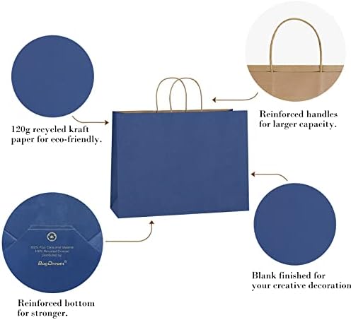 BagDream 25Pcs 16x6x12 Inches Kraft Paper Bags with Handles Bulk, Recycled Large Navy Blue Paper Gift Bags for Shopping, Retail, Grocery, Merchandise, Party Gifts