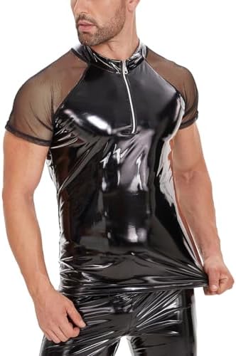 Men Sexy Leather T-Shirt, Plus Size, Glossy, Transparent Mesh, Short Sleeve, Shiny Latex Coat for Male