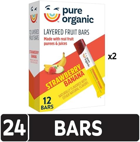 Pure Organic Layered Fruit Bars, Gluten Free, Vegan Fruit Snacks, Strawberry Banana (2 Boxes, 24 Bars)