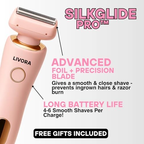 Livora SilkGlide Pro 2.0 Electric Razor for Women - Painless Wet & Dry Body Hair Trimmer & Bikini Shaver, Waterproof & USB Rechargeable, Wet/Dry Shaver with Free Facial Head (Pink)