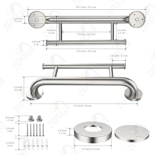 Brushed Nickel Towel Rack Grab Bar Combo, Zepolu Stainless Steel Safety Balanced Assist Support Handle 17 Inch, 2-in-1 Handicap Towel Bar, Wall Mounted Towel Holder for Senior Elderly Disabled
