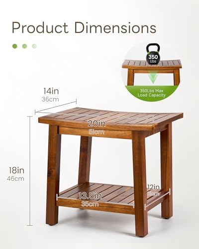 Upolana Outdoor Shower Bench, 20" Solid Acacia Wood Shower Stool Waterproof Shower Seat with Storage Shelf for Bathroom - SB001
