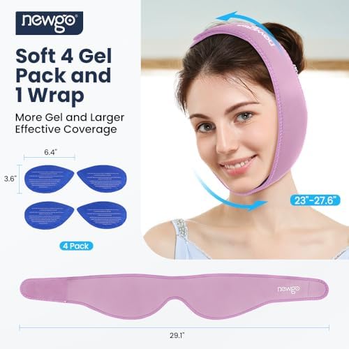 NEWGO Wisdom Teeth Ice Pack Head Wrap for Face Oral Surgery, Jaw Ice Pack for Face with 4 Hot Cold Gel Pack for TMJ, Tooth Extraction, Tonsillectomy Recovery - Purple