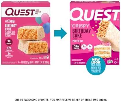 Quest Nutrition Crispy Birthday Cake Protein Bar, 17g Protein, 1g Sugar, 2g Net Carbs, Gluten Free Protein Snack, Keto Friendly, 4 Count