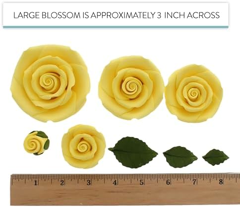Global Sugar Art Exquisite Rose & Leaf Tray Sugar Cake Flowers, Yellow Unwired, 5 Count by Chef Alan Tetreault