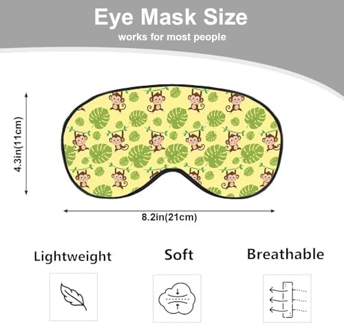Funny Monkey Silk Eye Mask Sleep Mask Brown Monkeys Animal Green Tropical Leaves Eye Mask with Adjustable Strap Lightweight for Women Work Travel Night Sleep