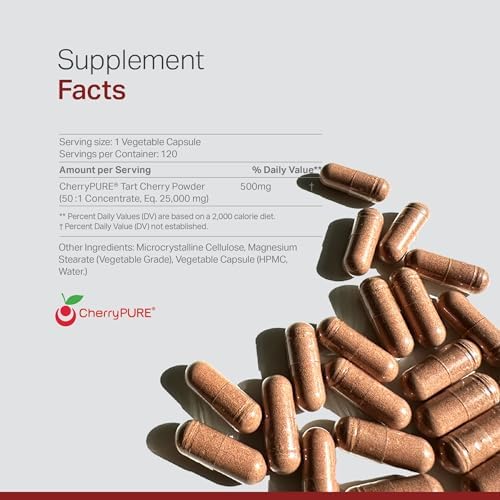 Montmorency Tart Cherry, Non GMO, Capsules - CherryPure 50:1 Concentrate eq. 25,000 mg - Antioxidants & Flavonoids, Tart Cherry Extract for Gout & Muscles - 120 Veggie Capsules - 4 Month Supply