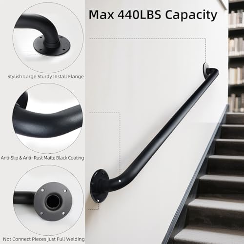 2FT Black Wall Mount Hand Rails for Indoor Stairs, 24 Inch Interior Staircase Handrail, Outdoor Metal Stair Railing for Exterior Steps, Banister Deck Rails,Safety Grab Bar for Elderly