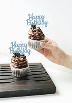 Happy Birthday Cupcake Topper - 24 Pack Glitter Sky Blue Birthday Cupcake Decorations, Celebrating Anniversary Theme Cupcake Picks (Sky Blue)
