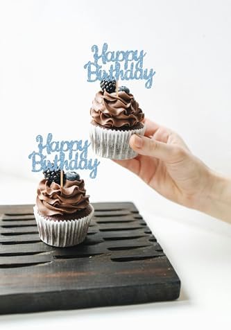 Happy Birthday Cupcake Topper - 24 Pack Glitter Sky Blue Birthday Cupcake Decorations, Celebrating Anniversary Theme Cupcake Picks (Sky Blue)