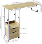 Overbed Table with Wheels, Movable Bedside Table, Height Adjustable Over Bed Desk, Foldable Rolling Laptop Desk with Drawers & Storage Shelve, for Bedroom, Living Room, Office (Light Wood)