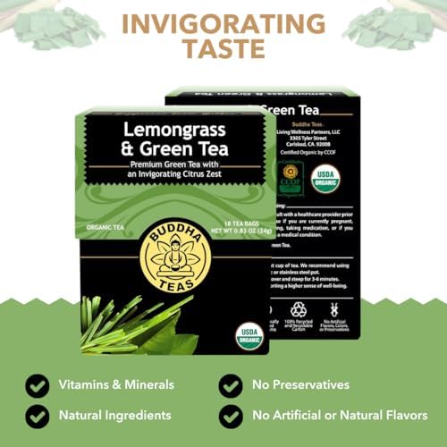 Buddha Teas - Organic Lemongrass & Green Tea - For Health & Wellbeing - Organic Tea - With Antioxidants & Minerals - Clean Ingredients - Caffeinated - OU Kosher - 18 Tea Bags (Pack of 1)