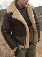 Mens Faux Fur Jacket Winter Lapel Faux Leather Jacket Thicked Warm Coat Plush Trench Jacket Windbreaker