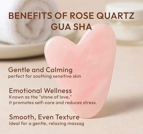 Rose Quartz Gua Sha Facial Tool Heart-Shaped Crystal for Puffiness, Lymphatic Drainage & Facial Sculpting – Hand-Carved Brazilian Stone for Face, Neck & Body
