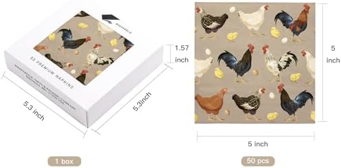 WRAPAHOLIC 50Pcs Roosters Hens Cocktail Chicken Napkins - 3-Ply Farm Paper Napkins for Chicken Birthday Party, Farm Party and Farmhouse Supplies - 5 x 5 In