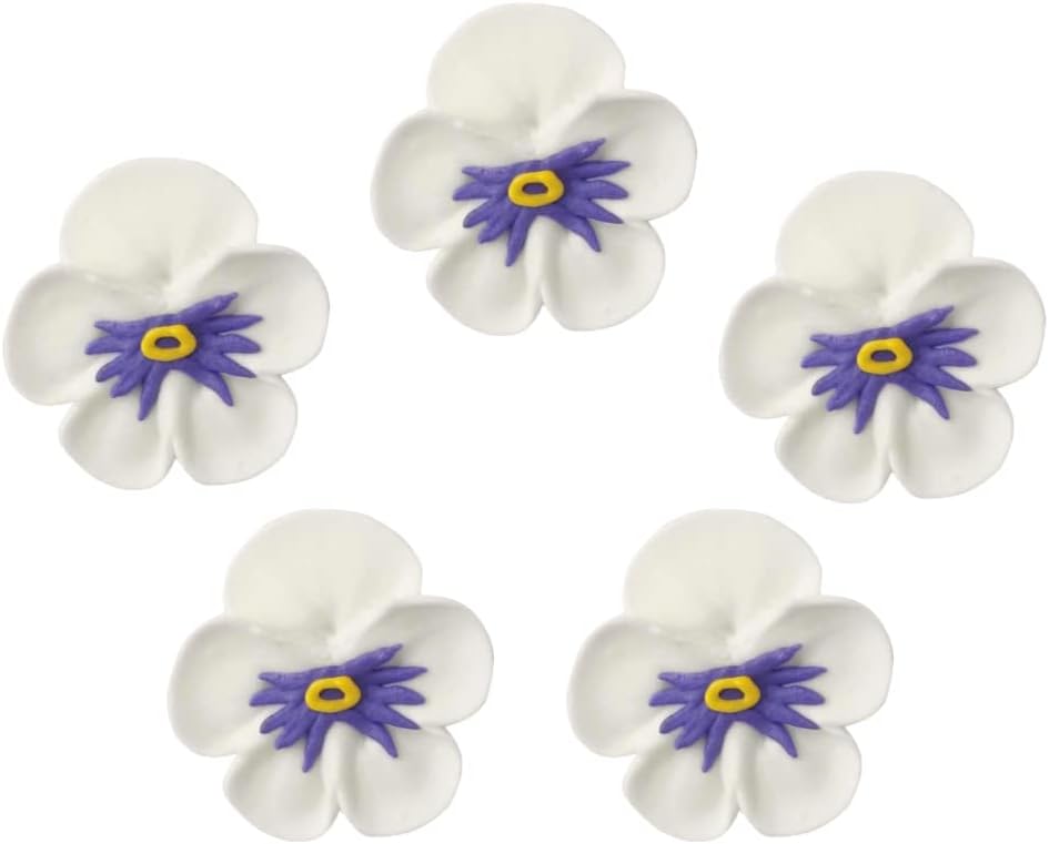 O'Creme Pansy Royal Icing Sugar Flower 1-1/4 Inch - for Cake Decorating - Decorations for Cakes, Cupcake Toppers - Birthday, Wedding, Valentines, Baby Shower - Set of 16 White