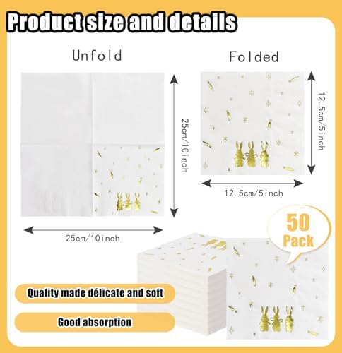 HEIPINIUYE 50 Pieces 3-ply Easter Napkins with Gold Foil Rabbit Carrot Cocktail Napkins Disposable Paper Napkins for Birthday Easter Party Paper Dinner Napkins