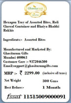 Ghasitaram Gifts Rakhi Gifts for Brothers Hexagon Tray of Assorted Bites, Roli Chawal Container and Bhaiya Bhabhi Rakhis
