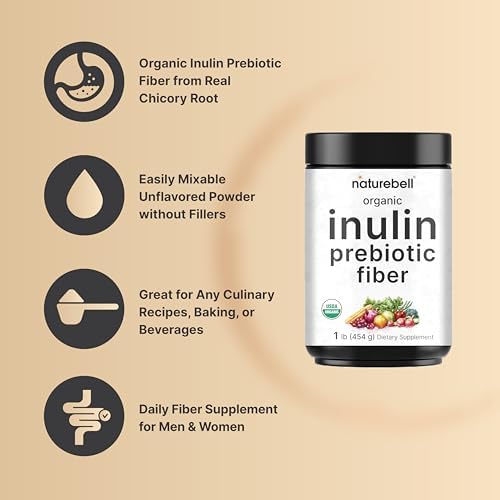 NatureBell Organic Inulin Prebiotic Fiber Powder, 1lb | Natural Chicory Root Source – Easily Mixes with Coffee or Smoothies – Fiber Supplement for Women & Men – Non-GMO, Vegan Friendly, Gluten Free