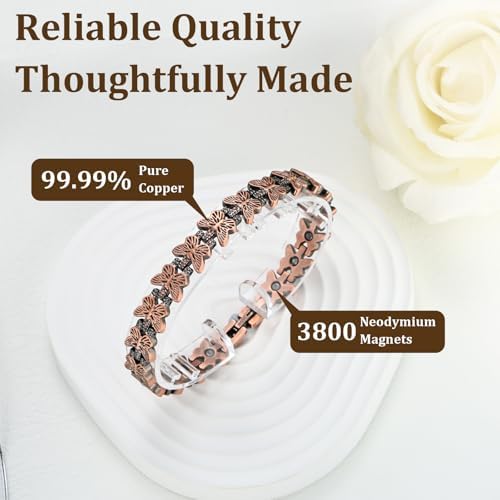 Copper Bracelet and Ring Set for Women, 99.99% Pure Copper Magnetic Bracelet with Butterfly Design & Matching Adjustable Heart Ring – 3800 Gauss Magnets, Includes Sizing Tool & Gift Box
