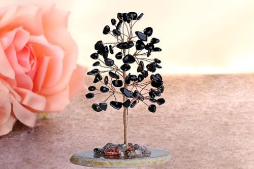QINJIEJIE Black Obsidian Healing Crystal Tree of Life Decor Natural Stone Gemstone Room Office Desk Decor Agate Slice Base Copper Wire Money Tree Reiki Book Shelf Decoration Spiritual Gift for Women