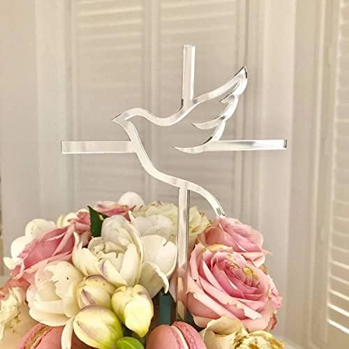 10pcs of Acrylic Religious Cake Topper - Dove and Cross,Holy Spirit Topper, Confirmation Topper (Silver Mirror)