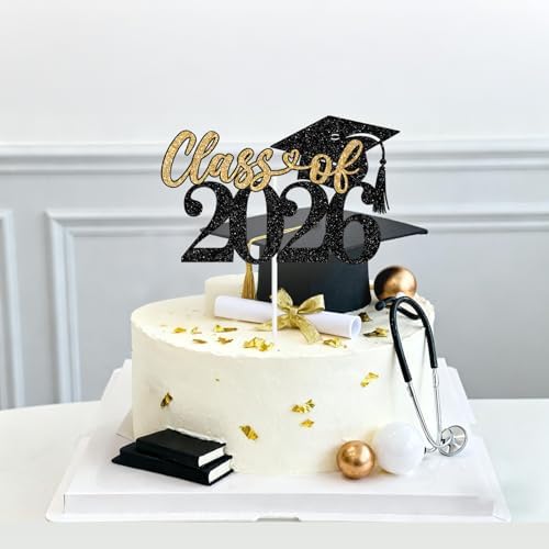 Class of 2026 Cake Topper, Congrats Grad/You Did It, Congratulations High School College Graduation Party Decorations, Black and Gold Glitter