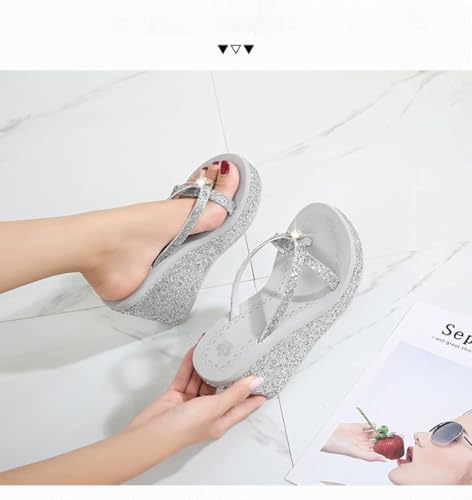 Women's Super High Heel Platform Sequin Diamond Flip Flops Shiny Sequin Wedge Non-Slip Comfortable Flip Flops.